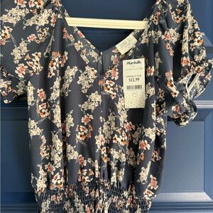 Sienna Sky Navy Floral V-Neck Smocked-Waist Blouse